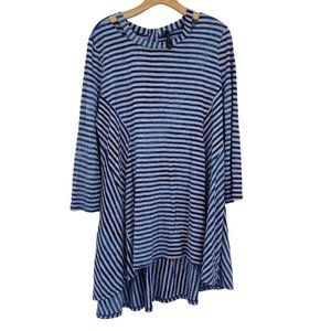 iC connie K women's top shirt tunic blue gray striped knit high low size XL